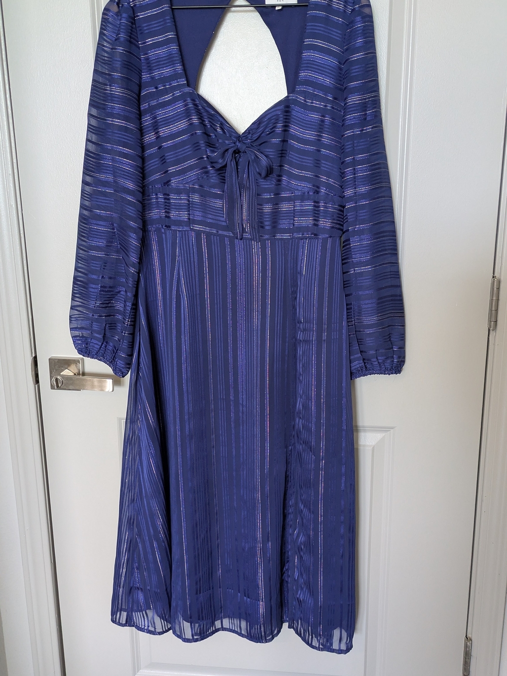 NSR Navy Blue Silver Striped Midi Dress with Tie Front